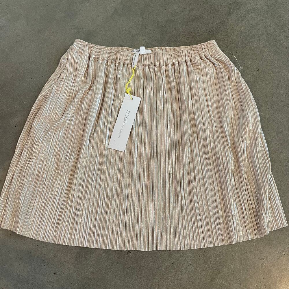 BCBG generation gold metallic mini skirt pleaded pockets womens small NEW